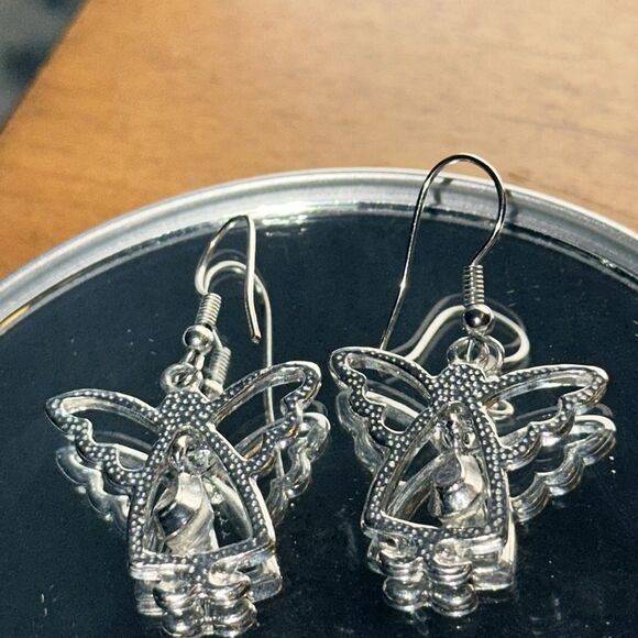 Silver Tone & Rhinestone Angel Drop Wire Earrings - Picture 3 of 3